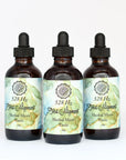 Three bottles of herbal men's tonic with dropper lids and green watercolor labels