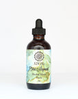 Brown glass bottle of herbal men's tonic with dropper and decorative label on white background